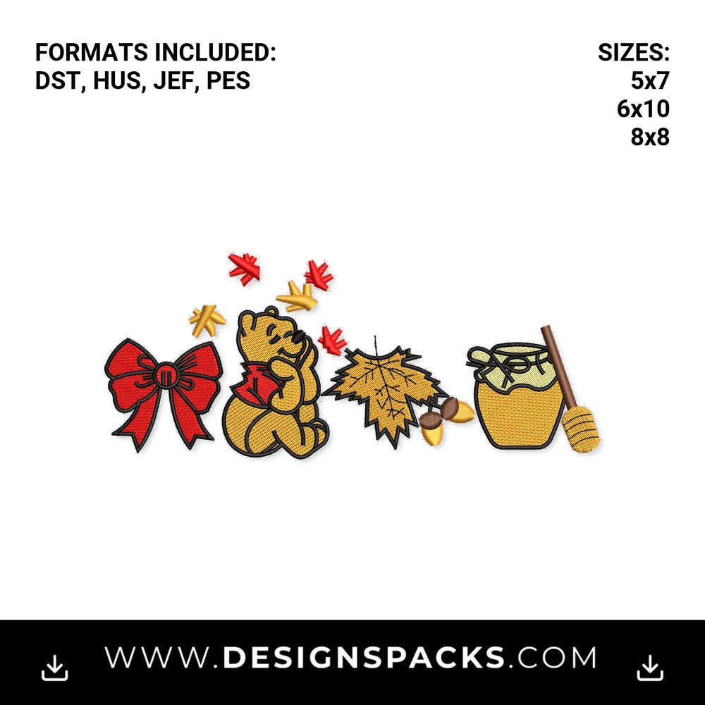 Fall Pooh Bear Honey Pot & Red Bow Embroidery Design - Instant digital download pattern at Designspacks.com
