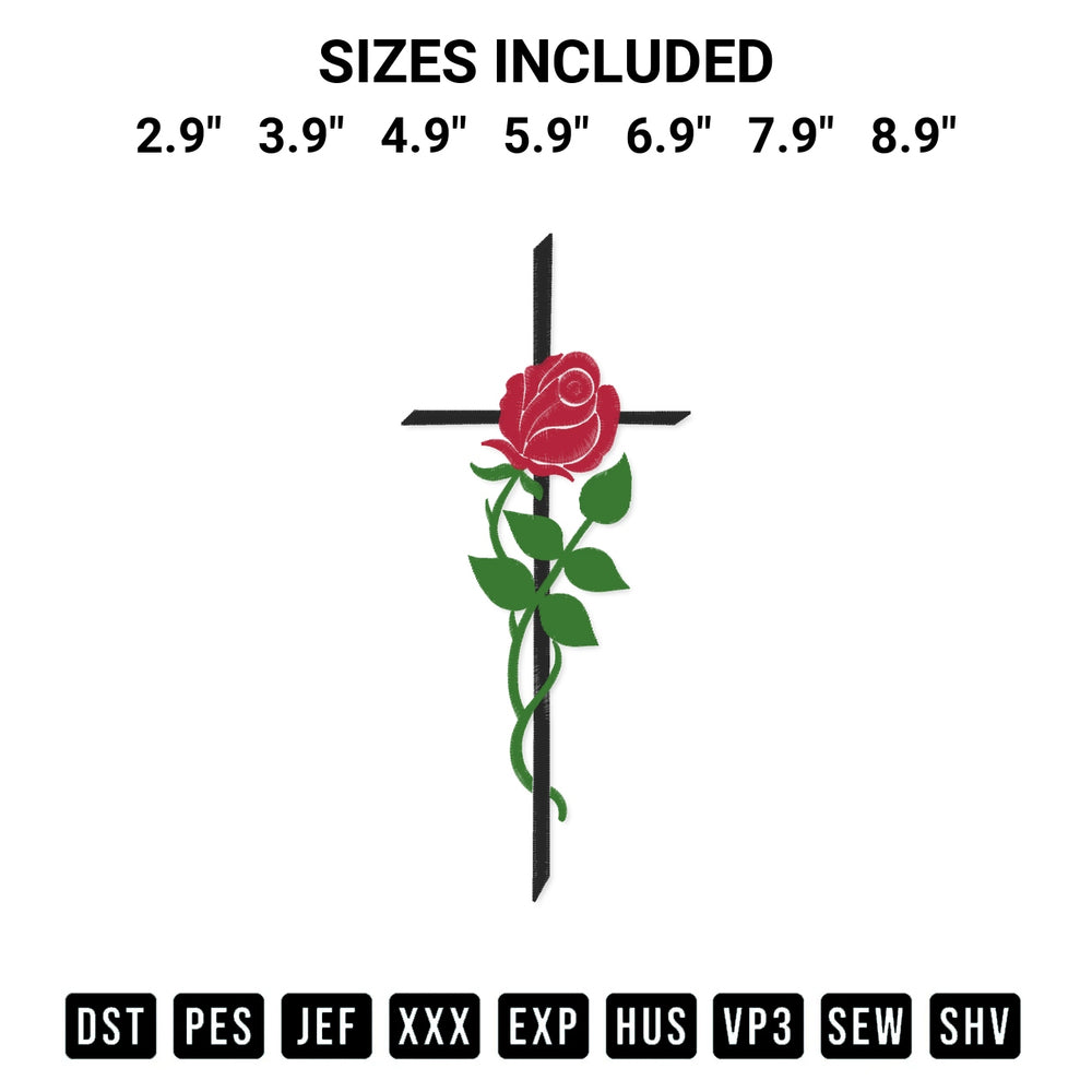 Create amazing crafts with the Cross With Rose Embroidery Design embroidery file. High-quality digital download from Designspacks.com, perfect for beginners and pros. Available sizes: 2.9", 3.9", 4.9", 5.9", 6.9", 7.9", 8.9".