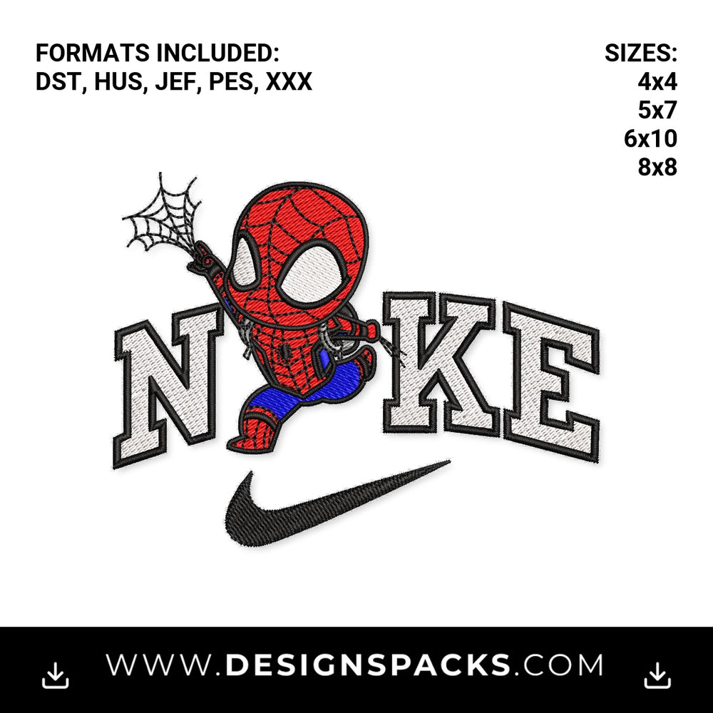 Chibi Spiderman Nike Swoosh Logo Embroidery Design - Instant digital download pattern at Designspacks.com