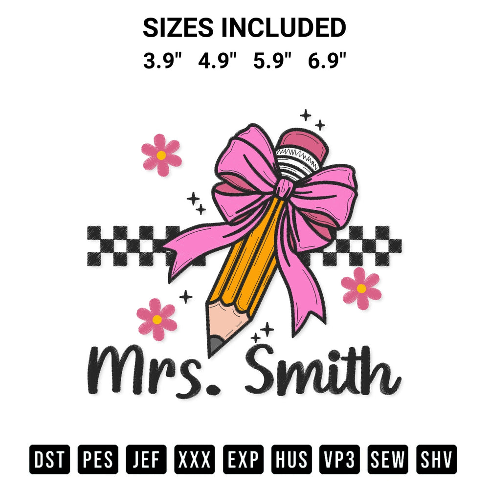 Create amazing crafts with the Coquette Mrs. Smith Embroidery Design embroidery file. High-quality digital download from Designspacks.com, perfect for beginners and pros. Available sizes: 3.9", 4.9", 5.9", 6.9".