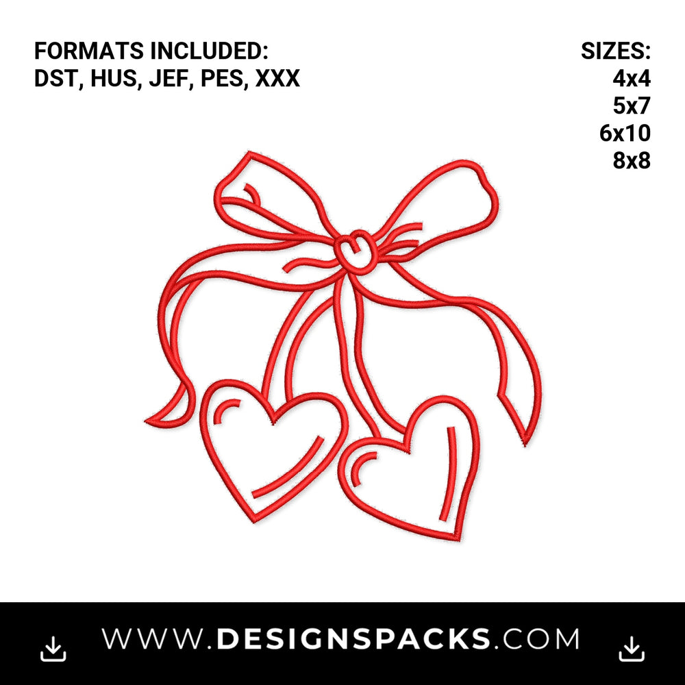 Red Ribbon Bow with Hanging Hearts Embroidery Design - Instant digital download pattern at Designspacks.com