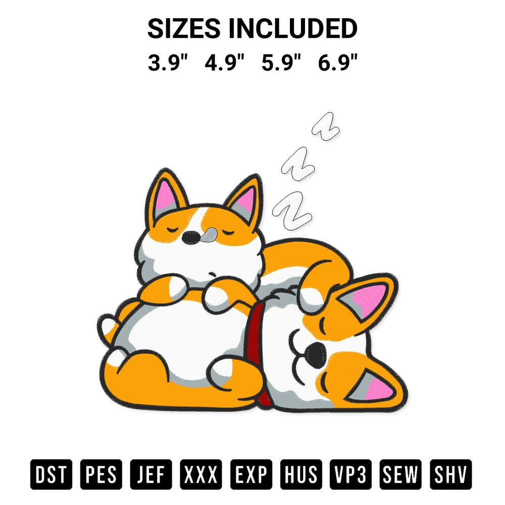 Create amazing crafts with the Sleeping Cute Corgi Couple Embroidery Design embroidery file. High-quality digital download from Designspacks.com, perfect for beginners and pros. Available sizes: 3.9", 4.9", 5.9", 6.9".