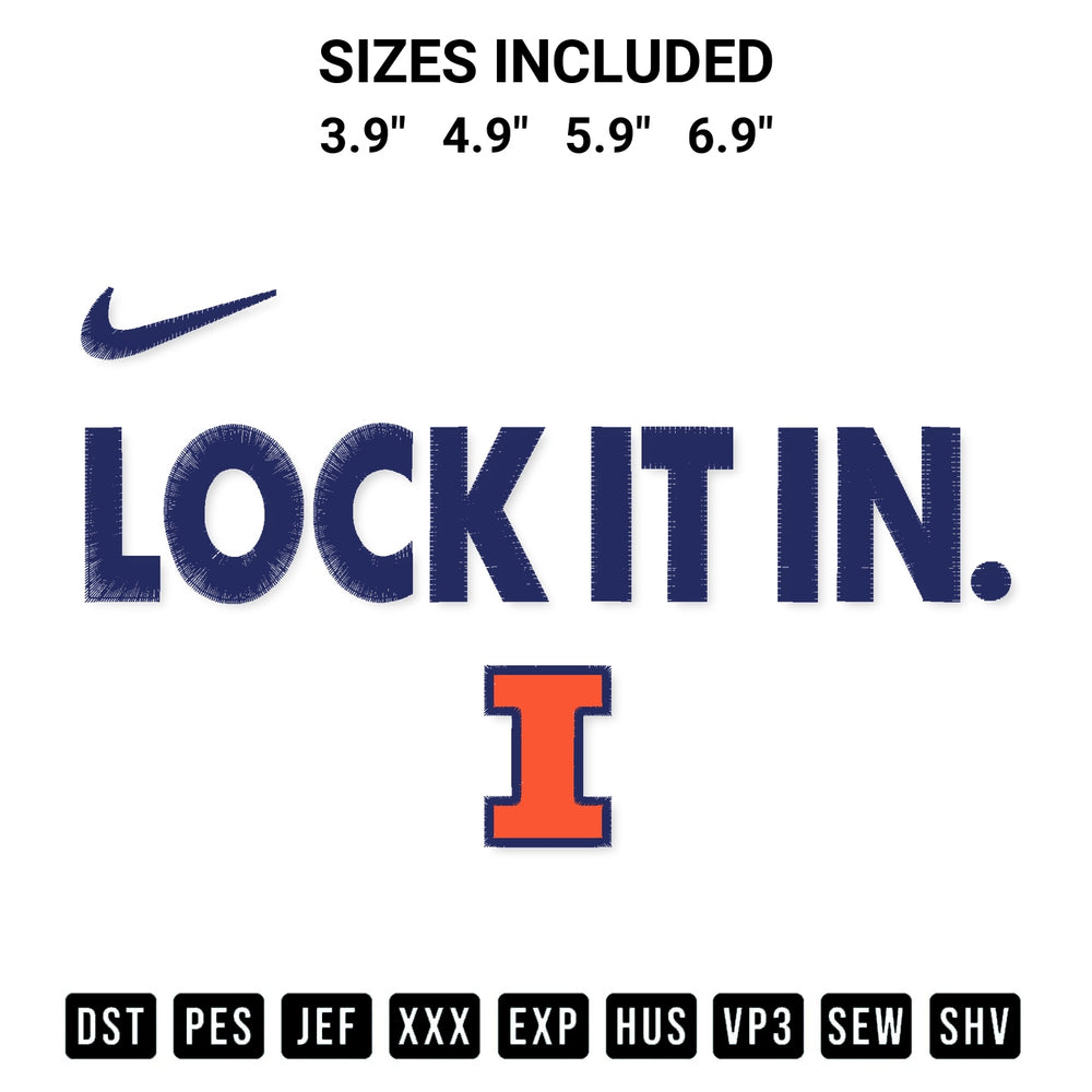 Shop the Illinois Fighting Illini Lock It In Embroidery Design machine embroidery pattern at Designspacks.com. Beautifully digitized for flawless stitching on any fabric. Available sizes: 3.9", 4.9", 5.9", 6.9".
