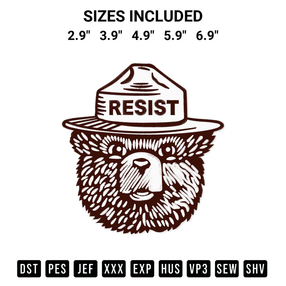 Add a unique touch to your apparel with the Smokey Bear Resist Embroidery Design embroidery file. Premium instant download available now on Designspacks.com. Available sizes: 2.9", 3.9", 4.9", 5.9", 6.9".