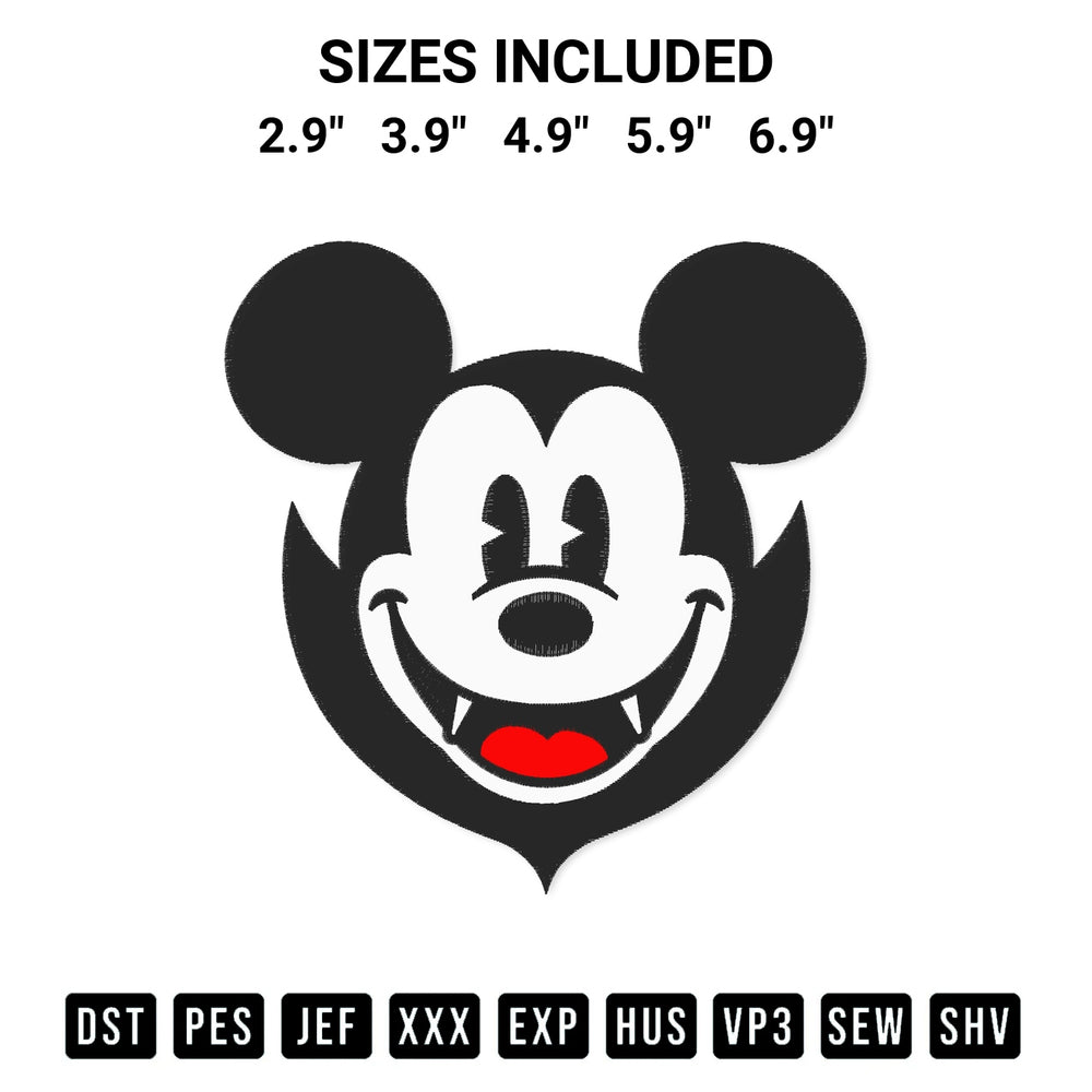 Stitch like a pro with the Vampire Mickey Face Embroidery Design embroidery pattern from Designspacks.com. High-quality digital machine embroidery file. Available sizes: 2.9", 3.9", 4.9", 5.9", 6.9".