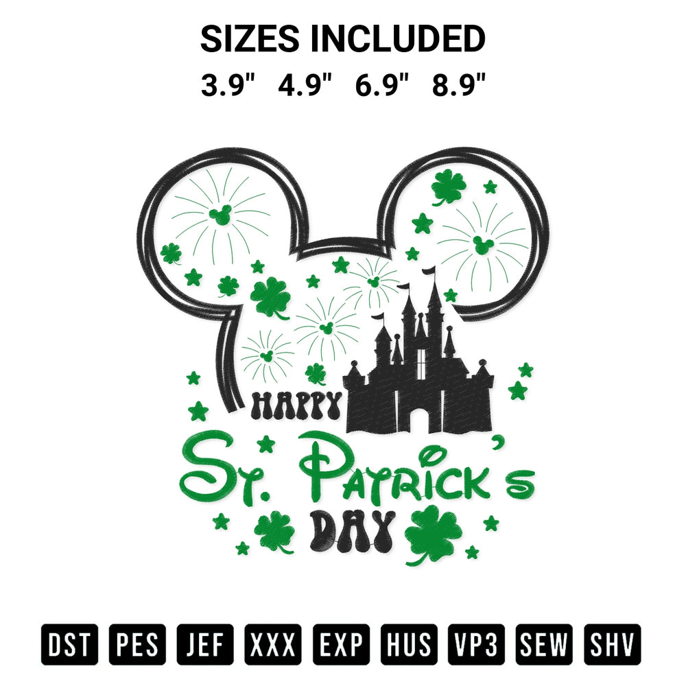 Create amazing crafts with the Mickey Mouse St Patricks Day Castle Embroidery Design embroidery file. High-quality digital download from Designspacks.com, perfect for beginners and pros. Available sizes: 3.9", 4.9", 6.9", 8.9".