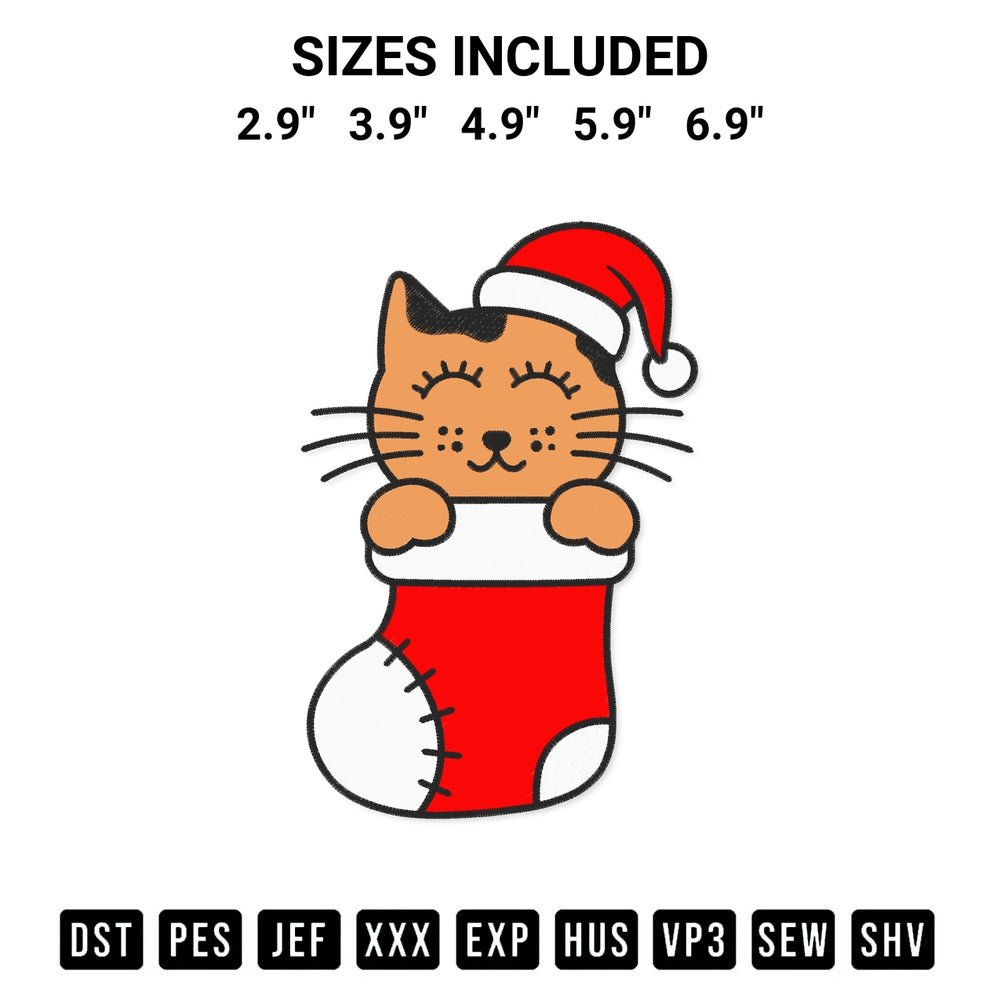 Shop the Cat In Stocking Christmas Embroidery Design machine embroidery pattern at Designspacks.com. Beautifully digitized for flawless stitching on any fabric. Available sizes: 2.9", 3.9", 4.9", 5.9", 6.9".