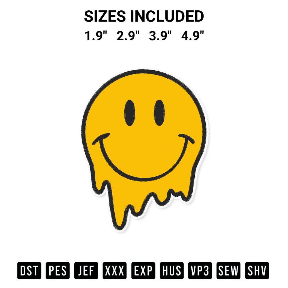 Download the Melting Smiley Face Embroidery Design machine embroidery design exclusively at Designspacks.com. Premium digitized pattern for apparel and DIY crafts. Available sizes: 1.9", 2.9", 3.9", 4.9".