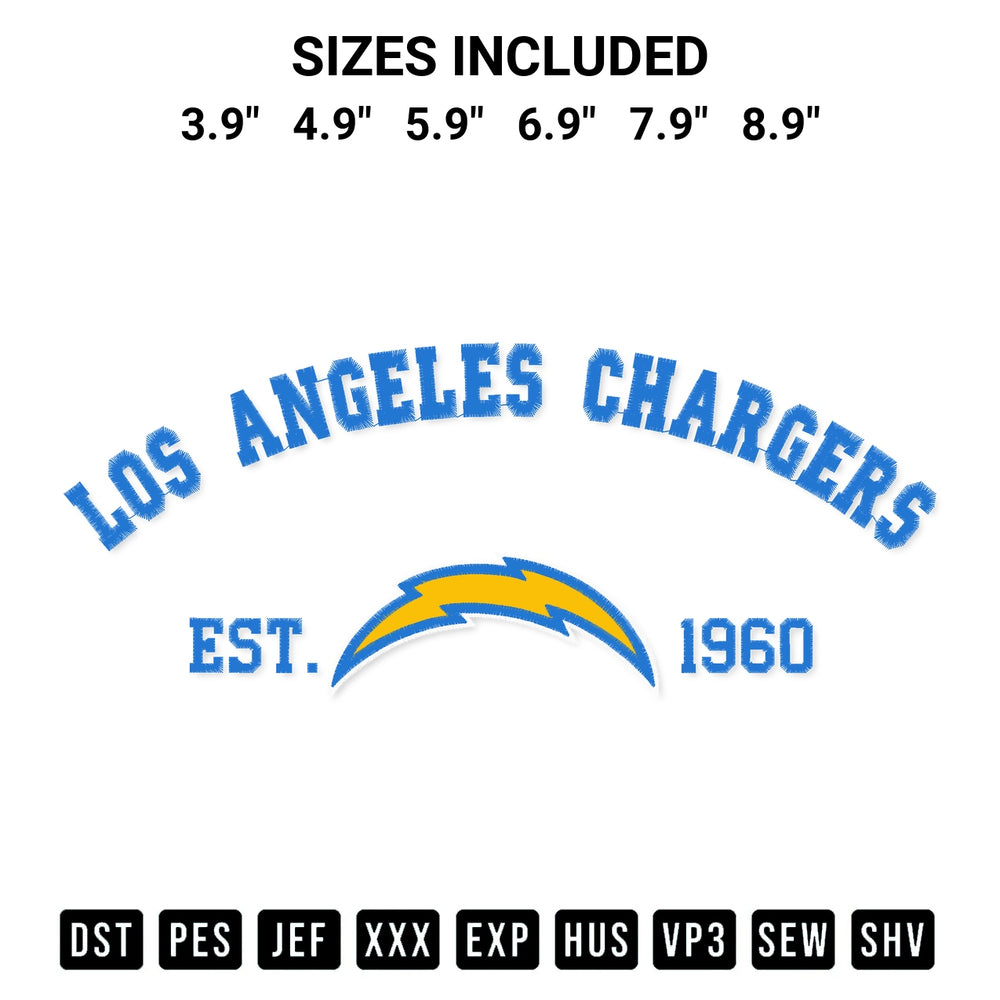 Discover the perfect addition to your crafting collection: Los Angeles Chargers Est 1960 Embroidery Design embroidery file. Instantly available at Designspacks.com. Available sizes: 3.9", 4.9", 5.9", 6.9", 7.9", 8.9".