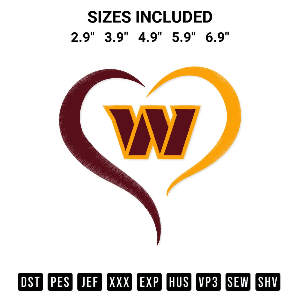 Discover the perfect addition to your crafting collection: Washington Commanders Heart Football Embroidery Design embroidery file. Instantly available at Designspacks.com. Available sizes: 2.9", 3.9", 4.9", 5.9", 6.9".
