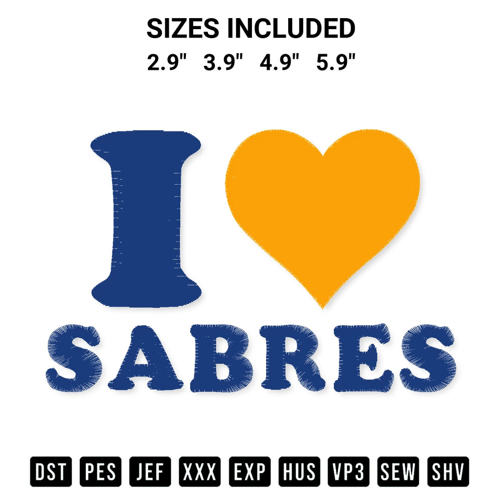 Transform your fabrics with the I Love Sabres Embroidery Design embroidery design. Instant access to premium digitized patterns at Designspacks.com. Available sizes: 2.9", 3.9", 4.9", 5.9".
