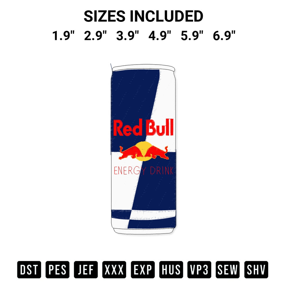 Discover the perfect addition to your crafting collection: Energy Drink Red Bull Embroidery Design embroidery file. Instantly available at Designspacks.com. Available sizes: 1.9", 2.9", 3.9", 4.9", 5.9", 6.9".