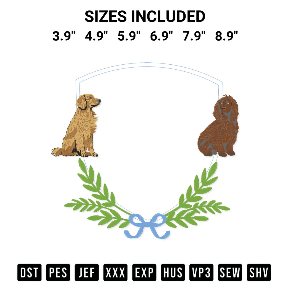 Shop the Boykin Spaniel And Golden Retriever Banner Frame Embroidery Design machine embroidery pattern at Designspacks.com. Beautifully digitized for flawless stitching on any fabric. Available sizes: 3.9", 4.9", 5.9", 6.9", 7.9", 8.9".