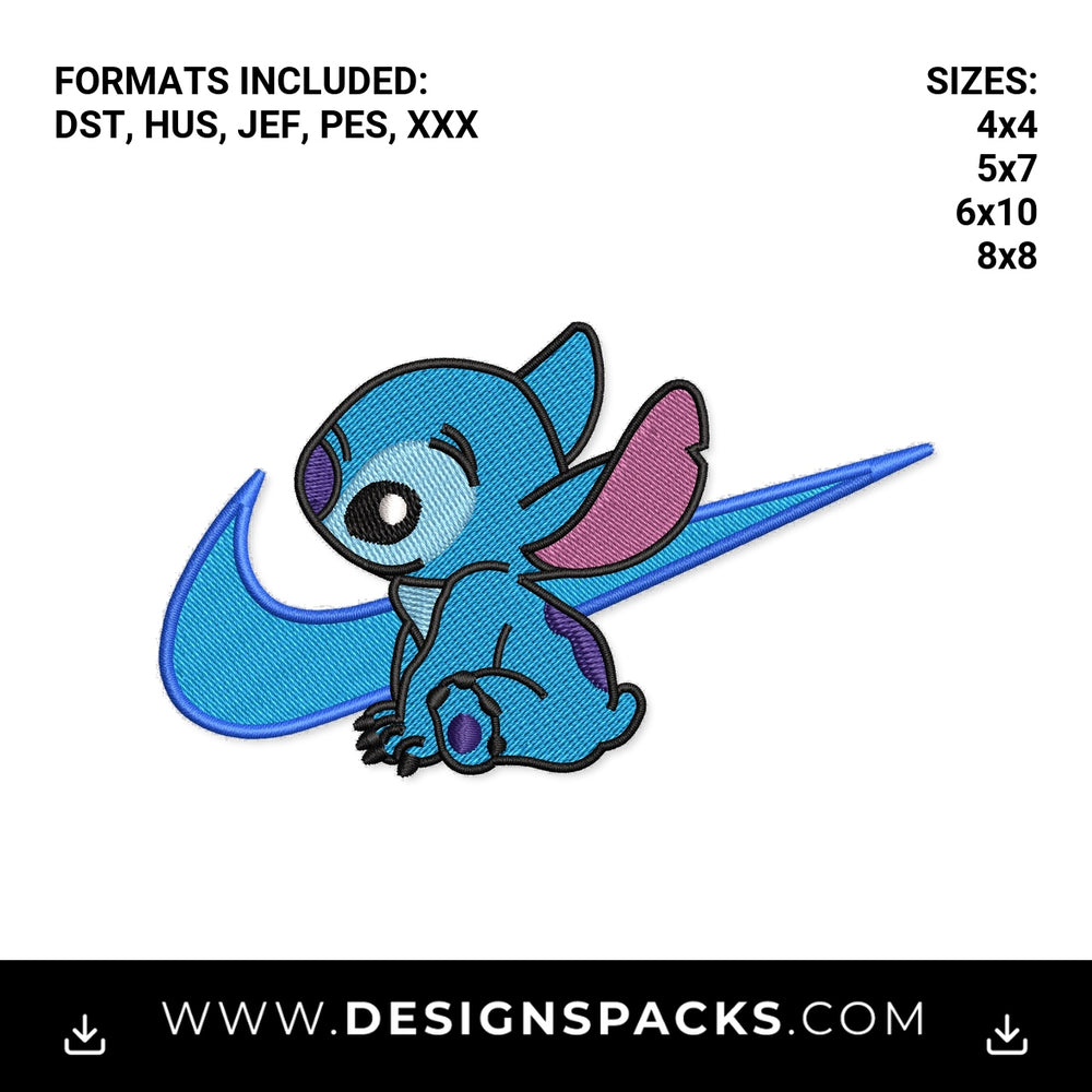 Cute Stitch Sitting With Blue Swoosh Embroidery Design - Instant digital download pattern at Designspacks.com
