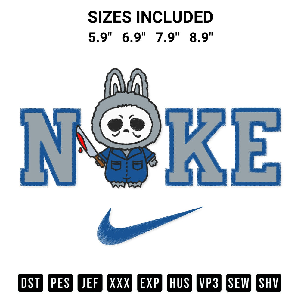 Shop the Nike Michael Myers Labubu Embroidery Design machine embroidery pattern at Designspacks.com. Beautifully digitized for flawless stitching on any fabric. Available sizes: 5.9", 6.9", 7.9", 8.9".