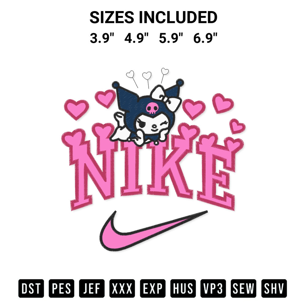 Discover the perfect addition to your crafting collection: Nike Kuromi Embroidery Design embroidery file. Instantly available at Designspacks.com. Available sizes: 3.9", 4.9", 5.9", 6.9".