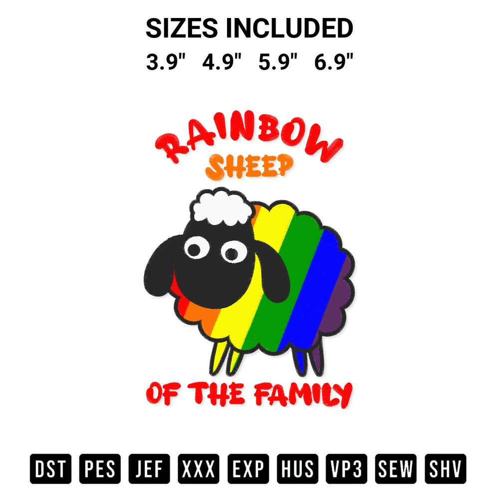 Shop the Rainbow Sheep Of The Family Pride Embroidery Design machine embroidery pattern at Designspacks.com. Beautifully digitized for flawless stitching on any fabric. Available sizes: 3.9", 4.9", 5.9", 6.9".