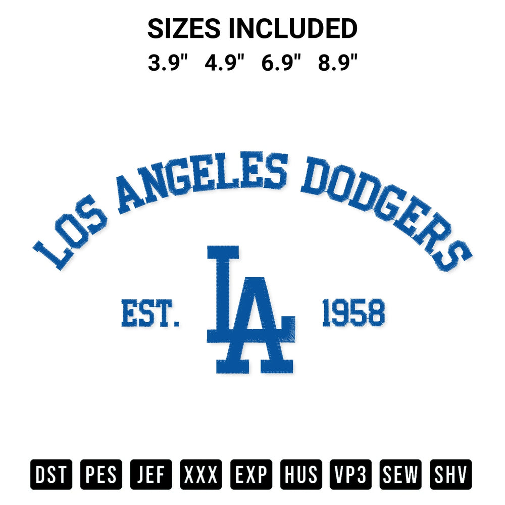 Shop the Los Angeles Dodgers Est 1958 Embroidery Design machine embroidery pattern at Designspacks.com. Beautifully digitized for flawless stitching on any fabric. Available sizes: 3.9", 4.9", 6.9", 8.9".