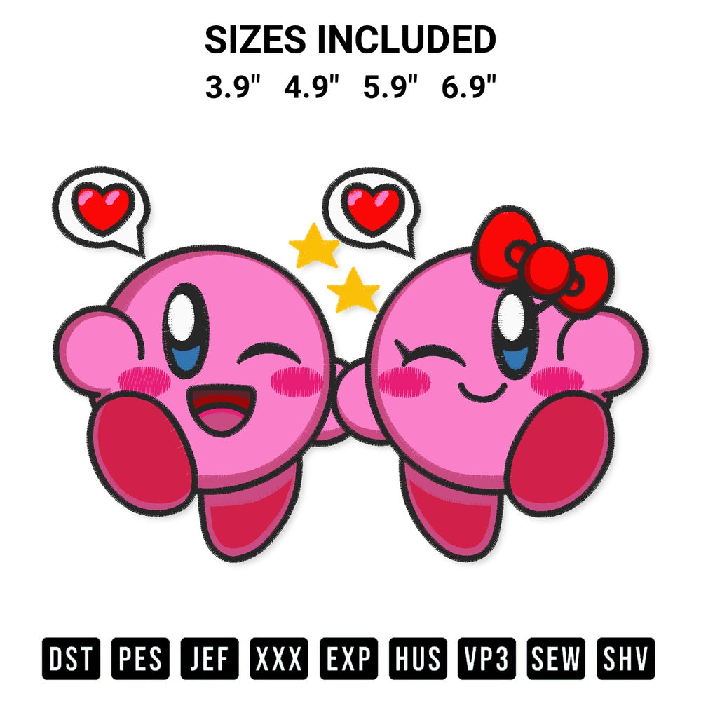 Download the Kirby And Kirrle Embroidery Design machine embroidery design exclusively at Designspacks.com. Premium digitized pattern for apparel and DIY crafts. Available sizes: 3.9", 4.9", 5.9", 6.9".
