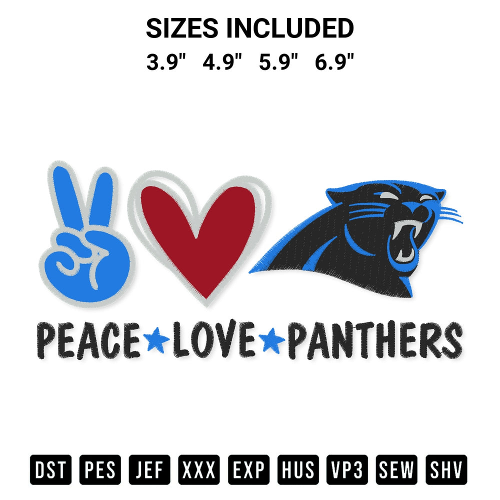 Download the Peace Love Carolina Panthers Embroidery Design machine embroidery design exclusively at Designspacks.com. Premium digitized pattern for apparel and DIY crafts. Available sizes: 3.9", 4.9", 5.9", 6.9".