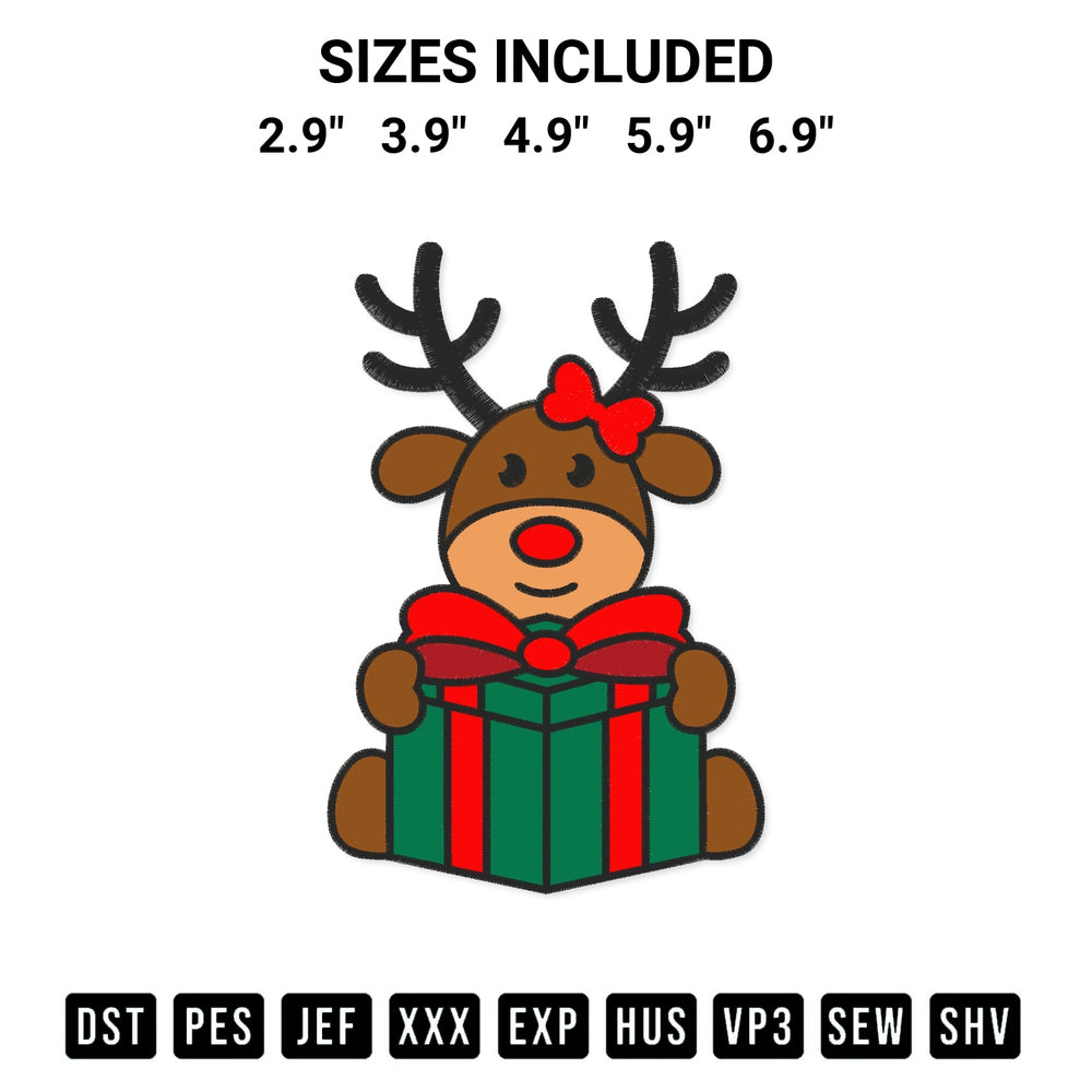 Download the Girl Reindeer With Christmas Gift Embroidery Design machine embroidery design exclusively at Designspacks.com. Premium digitized pattern for apparel and DIY crafts. Available sizes: 2.9", 3.9", 4.9", 5.9", 6.9".