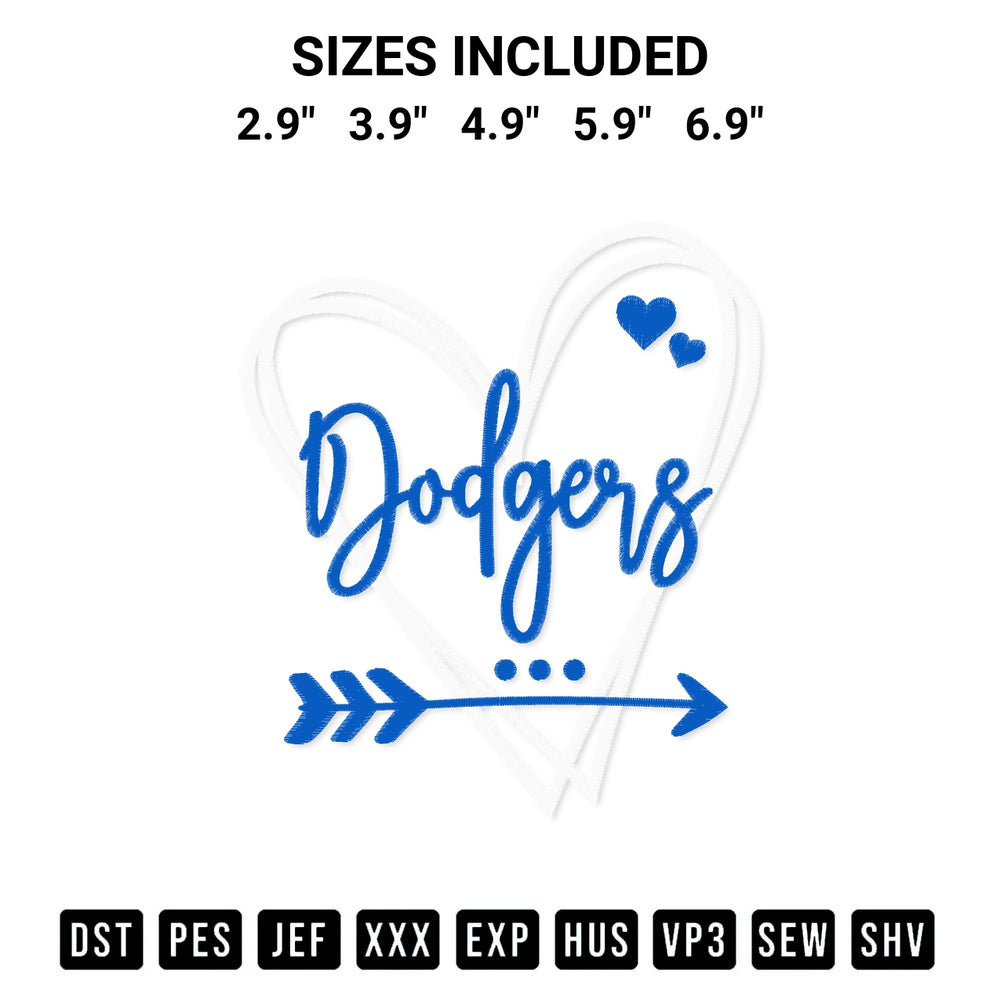 Download the Los Angeles Dodgers Heart Embroidery Design machine embroidery design exclusively at Designspacks.com. Premium digitized pattern for apparel and DIY crafts. Available sizes: 2.9", 3.9", 4.9", 5.9", 6.9".