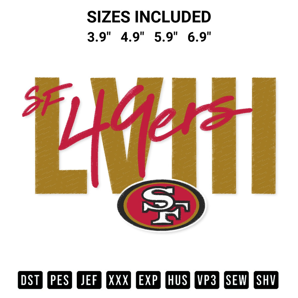 Add a unique touch to your apparel with the Sf 49Ers Lviii Logo Embroidery Design embroidery file. Premium instant download available now on Designspacks.com. Available sizes: 3.9", 4.9", 5.9", 6.9".