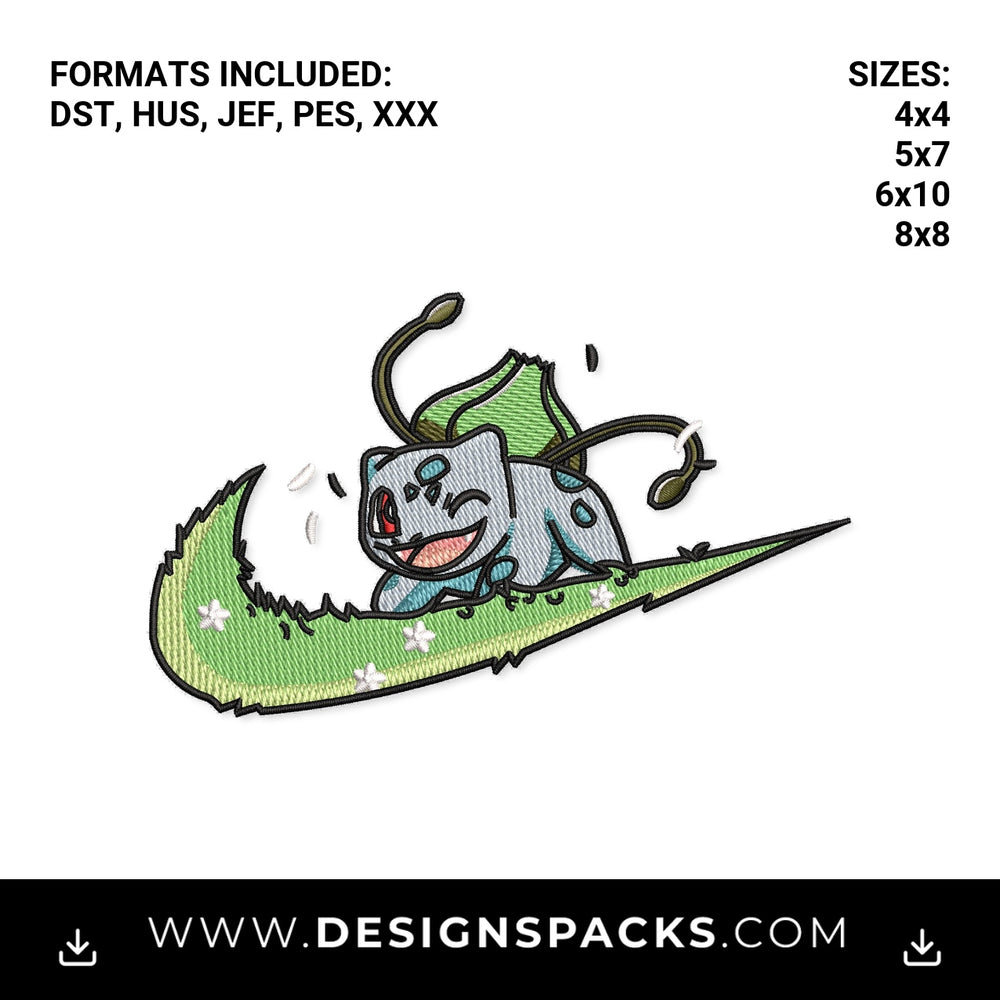 Bulbasaur Green Leaf Swoosh Embroidery Design - Instant digital download pattern at Designspacks.com