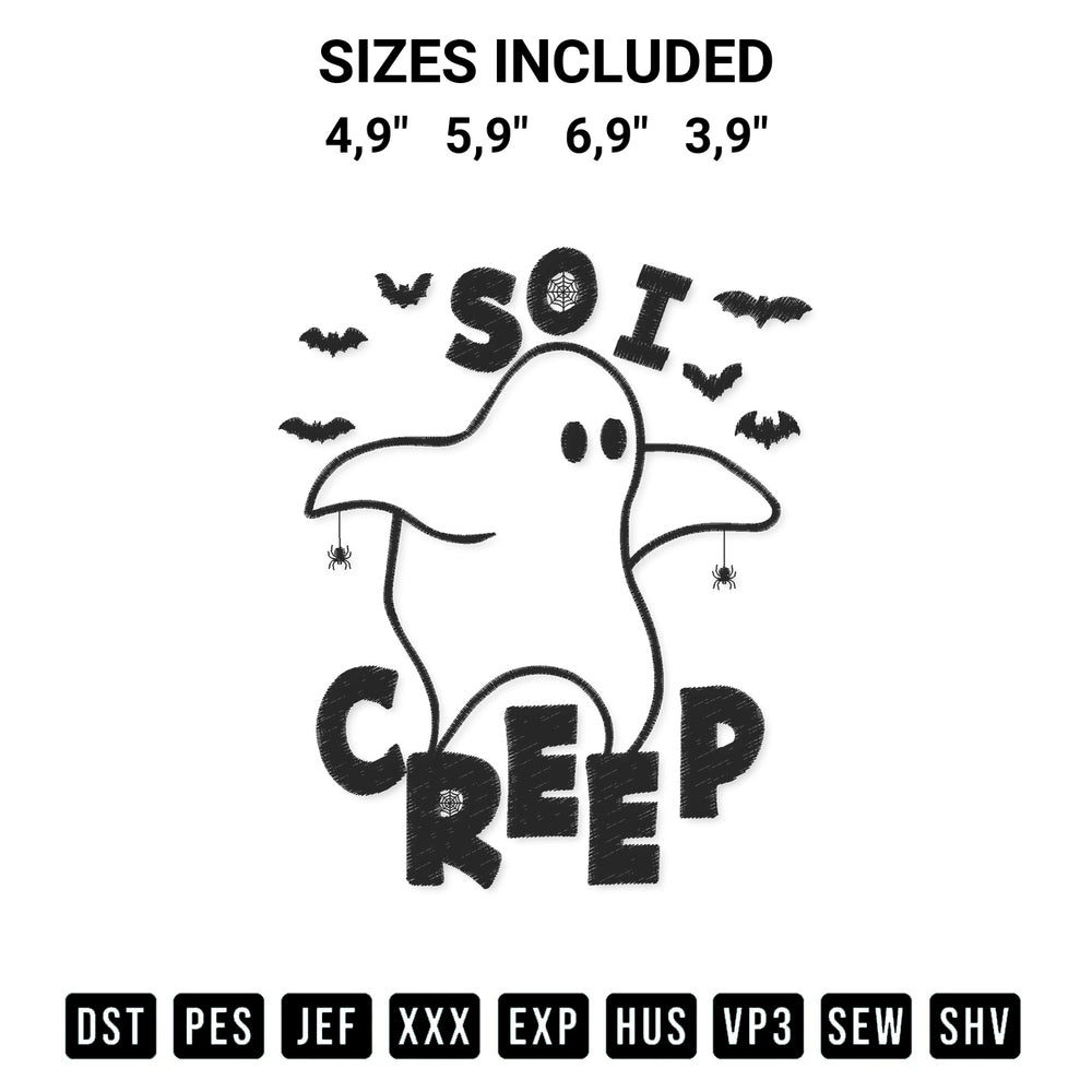 Elevate your next project with our So I Creep Funny Halloween Ghost Spooky Vibes Season Logo Embroidery Design embroidery file. Shop high-quality digital patterns instantly at Designspacks.com. Available sizes: 4,9", 5,9", 6,9", 3,9".