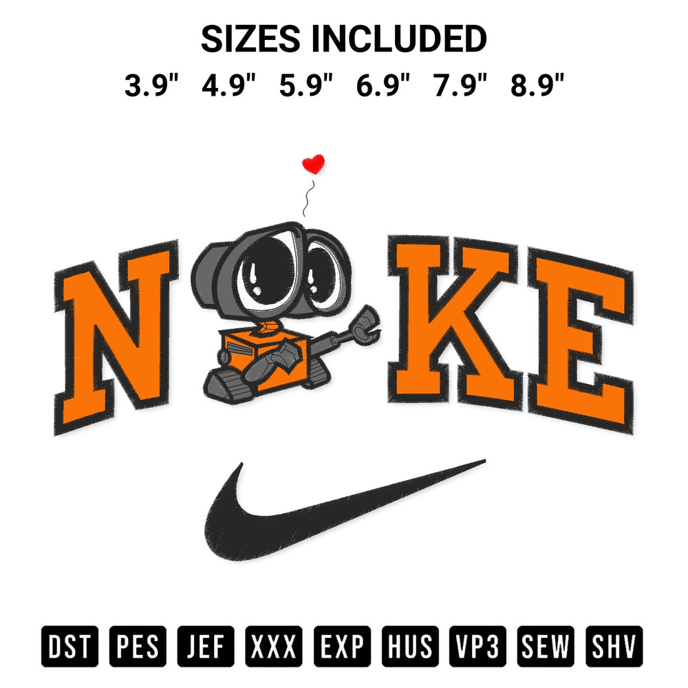 Download the Nike Wall E Disney Embroidery Design machine embroidery design exclusively at Designspacks.com. Premium digitized pattern for apparel and DIY crafts. Available sizes: 3.9", 4.9", 5.9", 6.9", 7.9", 8.9".