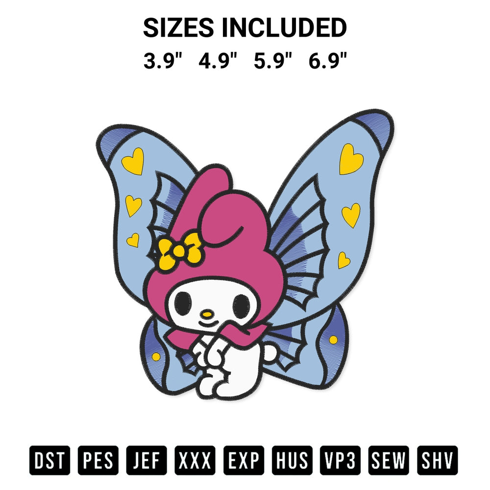 Transform your fabrics with the My Melody Butterfly Embroidery Design embroidery design. Instant access to premium digitized patterns at Designspacks.com. Available sizes: 3.9", 4.9", 5.9", 6.9".
