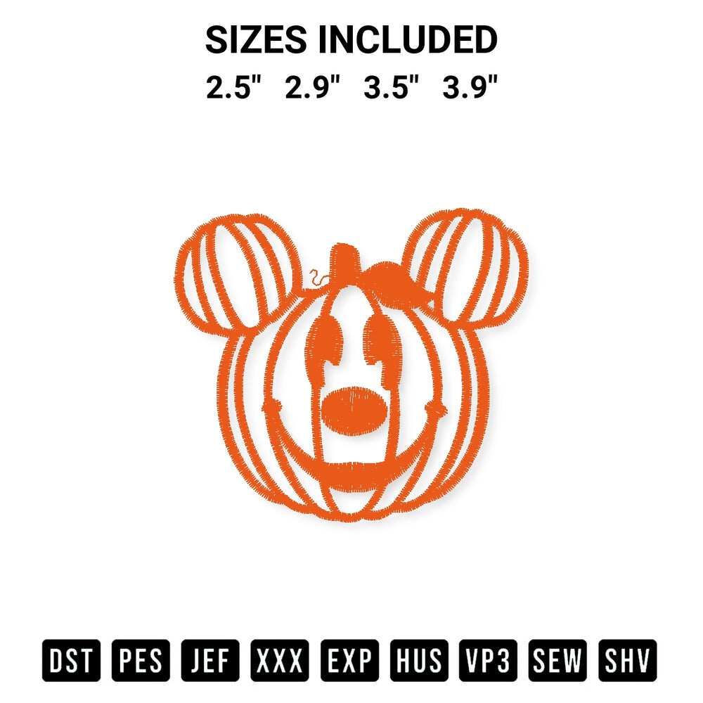 Transform your fabrics with the Pumpkin Mickey Halloween Embroidery Design embroidery design. Instant access to premium digitized patterns at Designspacks.com. Available sizes: 2.5", 2.9", 3.5", 3.9".