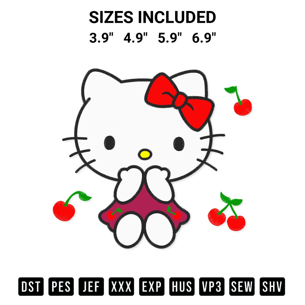 Stitch like a pro with the Hello Kitty Cherry Embroidery Design embroidery pattern from Designspacks.com. High-quality digital machine embroidery file. Available sizes: 3.9", 4.9", 5.9", 6.9".