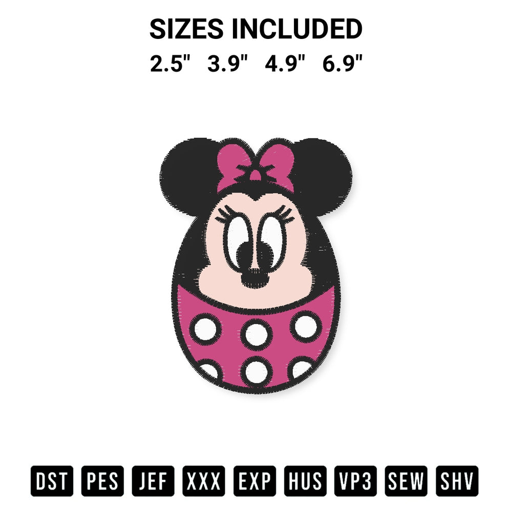 Discover the perfect addition to your crafting collection: Minnie Easter Egg Embroidery Design embroidery file. Instantly available at Designspacks.com. Available sizes: 2.5", 3.9", 4.9", 6.9".