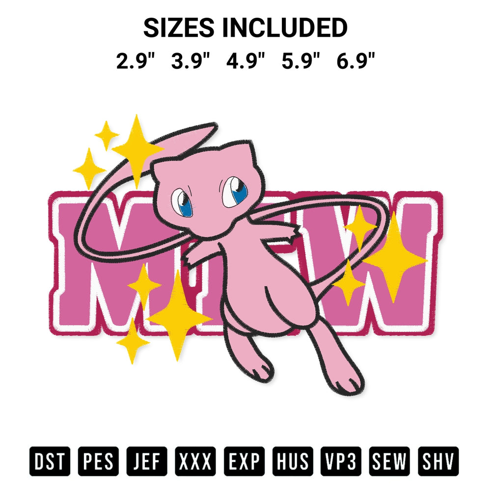 Transform your fabrics with the Mew Pokemon Embroidery Design embroidery design. Instant access to premium digitized patterns at Designspacks.com. Available sizes: 2.9", 3.9", 4.9", 5.9", 6.9".
