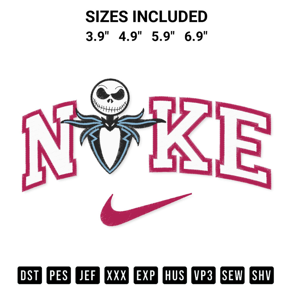 Discover the perfect addition to your crafting collection: Nike Jack Skellington Halloween Embroidery Design embroidery file. Instantly available at Designspacks.com. Available sizes: 3.9", 4.9", 5.9", 6.9".