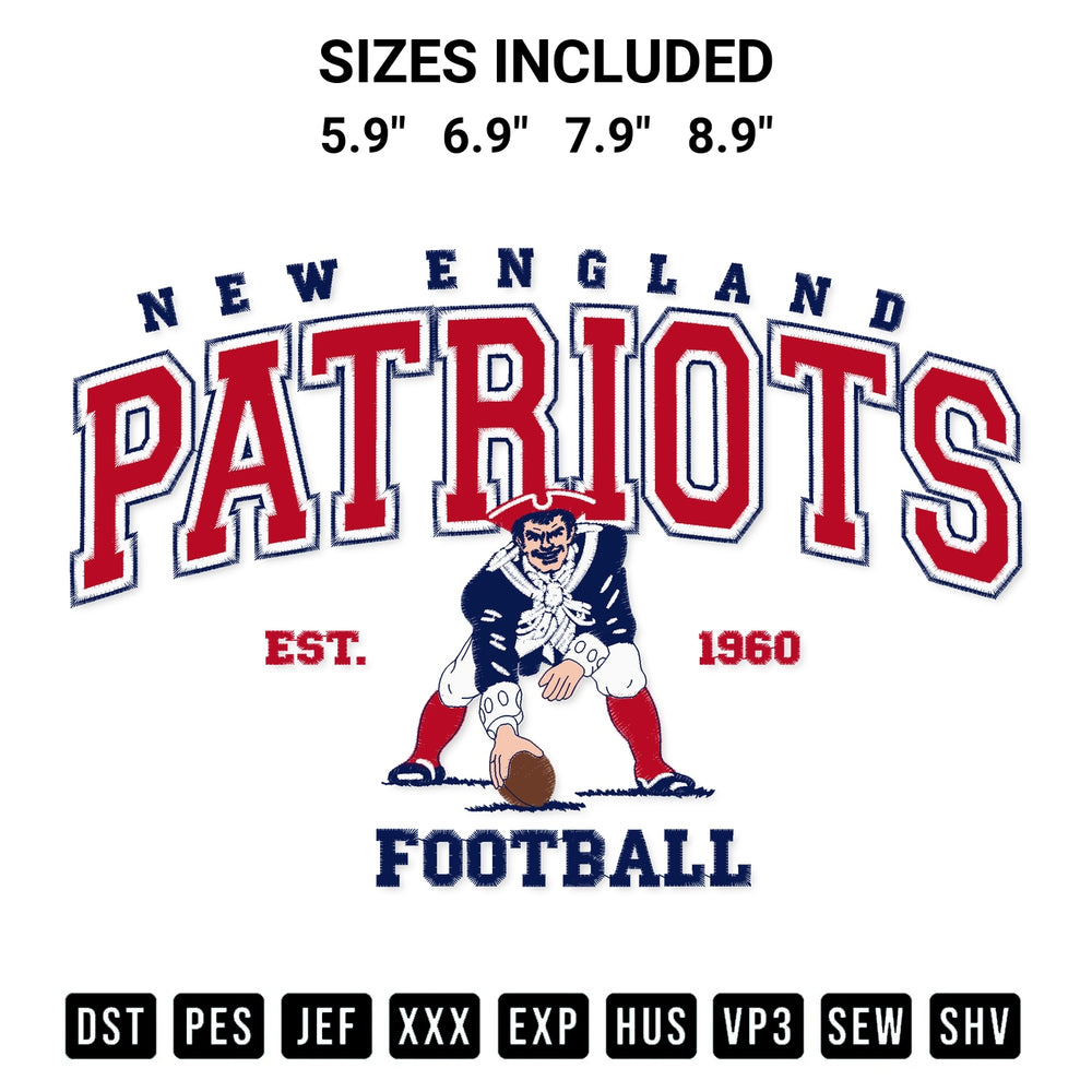 Add a unique touch to your apparel with the New England Patriots Football Est 1960 Embroidery Design embroidery file. Premium instant download available now on Designspacks.com. Available sizes: 5.9", 6.9", 7.9", 8.9".