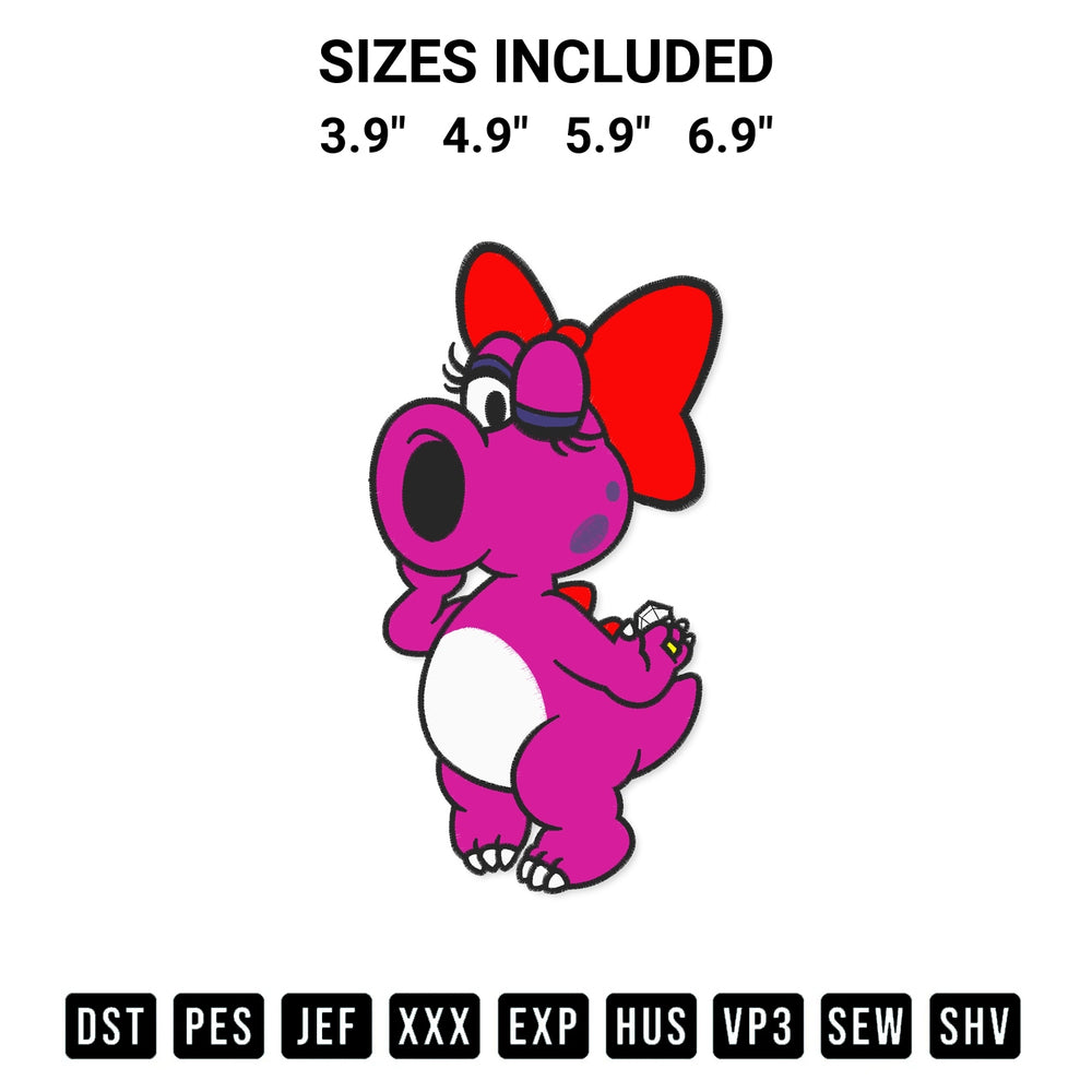 Download the Super Mario Birdo Embroidery Design machine embroidery design exclusively at Designspacks.com. Premium digitized pattern for apparel and DIY crafts. Available sizes: 3.9", 4.9", 5.9", 6.9".