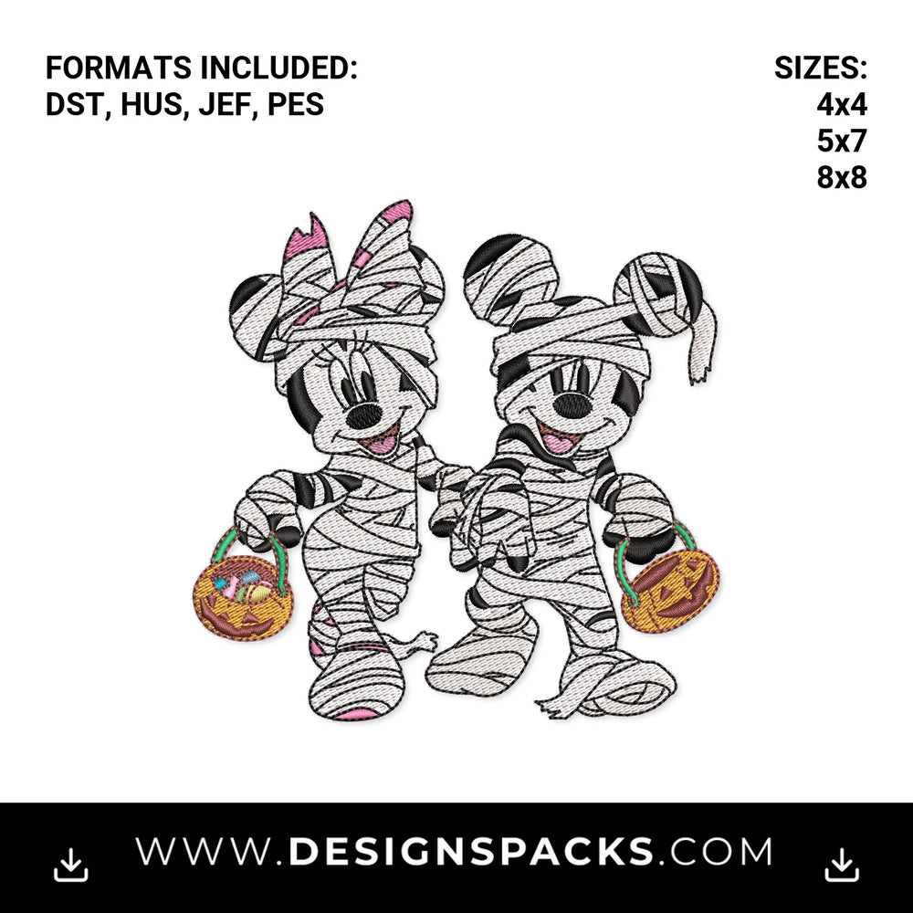 Mickey and Minnie Halloween Mummy Embroidery Design - Instant digital download pattern at Designspacks.com