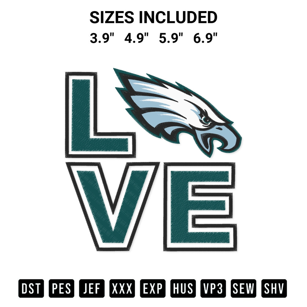 Get the Love Philadelphia Eagles Embroidery Design embroidery design for your custom crafts! Premium digitized files available for instant download at Designspacks.com. Available sizes: 3.9", 4.9", 5.9", 6.9".