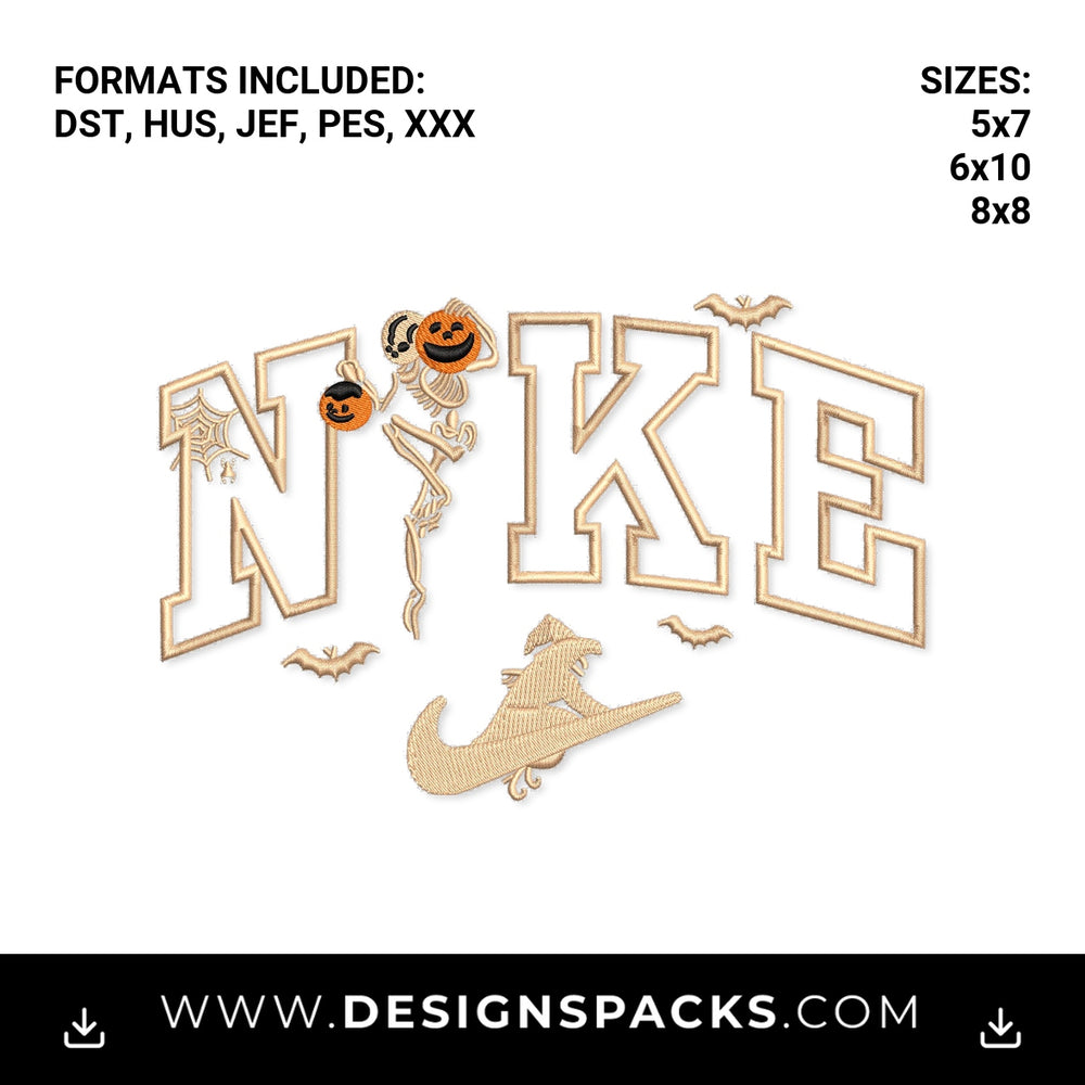 Spooky Halloween Skeleton Nike Swoosh Embroidery Design - Instant digital download pattern at Designspacks.com