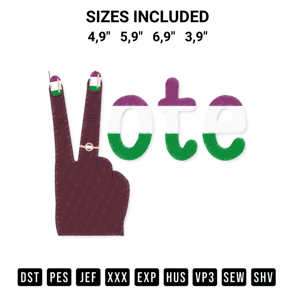 Elevate your next project with our Victory Hand Vote Black History Month Logo Embroidery Design embroidery file. Shop high-quality digital patterns instantly at Designspacks.com. Available sizes: 4,9", 5,9", 6,9", 3,9".