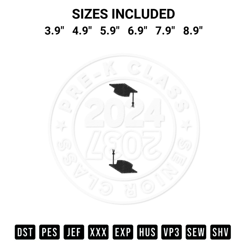 Stitch like a pro with the Prek Class Of 2024 Class Of 2037 Embroidery Design embroidery pattern from Designspacks.com. High-quality digital machine embroidery file. Available sizes: 3.9", 4.9", 5.9", 6.9", 7.9", 8.9".