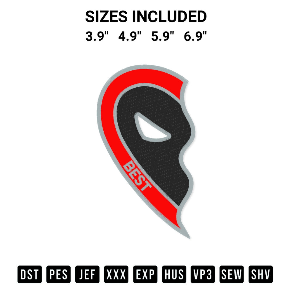 Stitch like a pro with the Half Heart Deadpool Embroidery Design embroidery pattern from Designspacks.com. High-quality digital machine embroidery file. Available sizes: 3.9", 4.9", 5.9", 6.9".