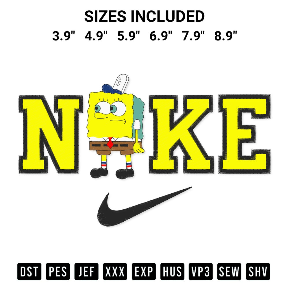 Get the Spongebob X Nike Embroidery Design embroidery design for your custom crafts! Premium digitized files available for instant download at Designspacks.com. Available sizes: 3.9", 4.9", 5.9", 6.9", 7.9", 8.9".