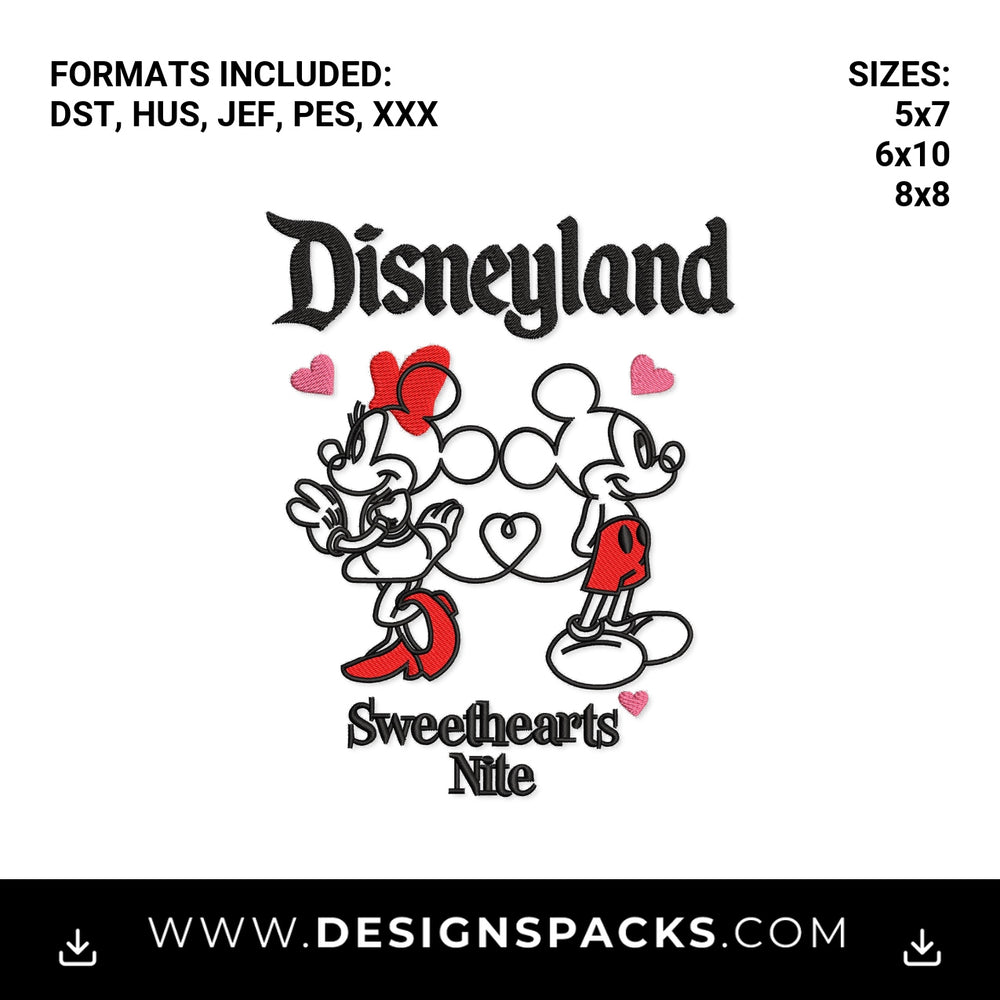 Disneyland Sweethearts Nite Mickey & Minnie Embroidery Design - Instant digital download pattern at Designspacks.com