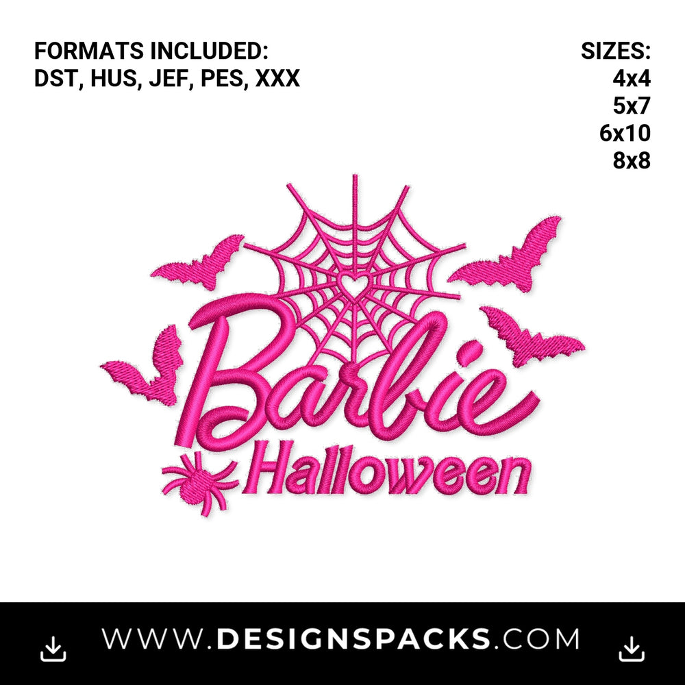 Barbie Halloween Pink Spiderweb Bats Embroidery Design - Instant digital download pattern at Designspacks.com