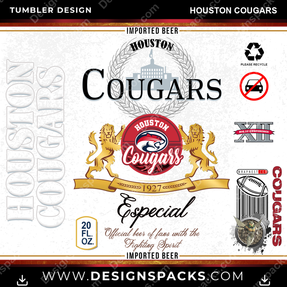 College Sport Modelo Houston Cougars Tumbler Digital Wrap Design
