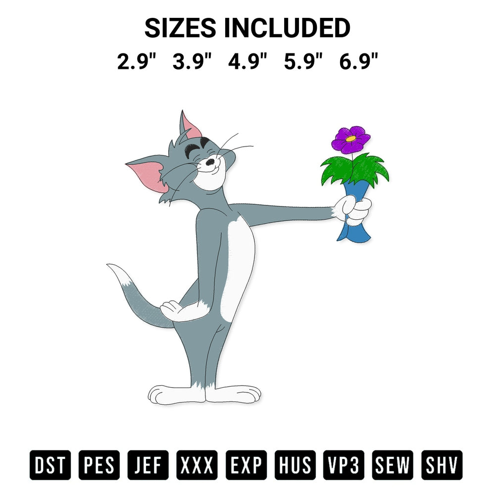 Add a unique touch to your apparel with the Tom Cat Gives A Flower Embroidery Design embroidery file. Premium instant download available now on Designspacks.com. Available sizes: 2.9", 3.9", 4.9", 5.9", 6.9".