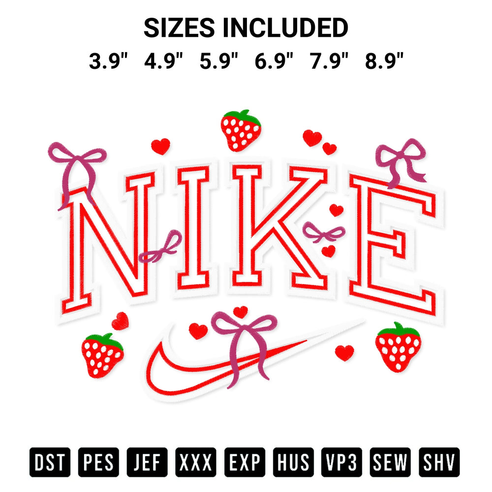 Transform your fabrics with the Nike Strawberry Bow Embroidery Design embroidery design. Instant access to premium digitized patterns at Designspacks.com. Available sizes: 3.9", 4.9", 5.9", 6.9", 7.9", 8.9".